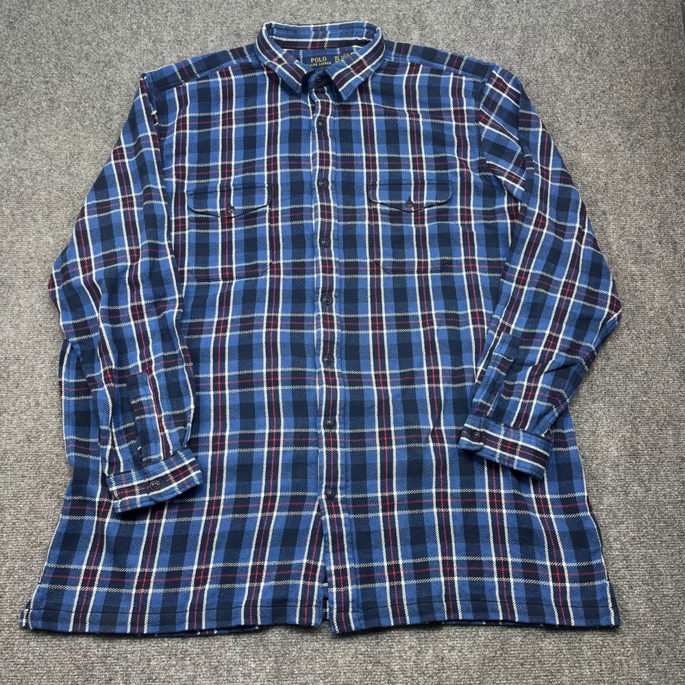 Polo RalphLauren Men 2XLT Blue Plaid Cotton Heavy Flannel Button Down Work Shirt